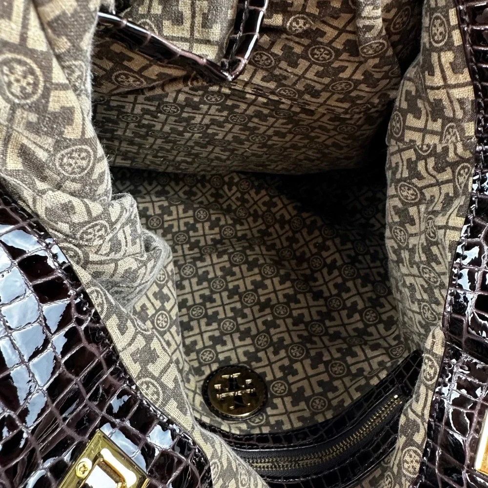 Tory Burch Espresso Suede Croc Embossed Satchel Shoulder Tote Bag Large Preowned